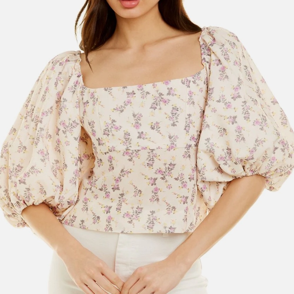 Lantern sleeve puff sleeve shirt floral white